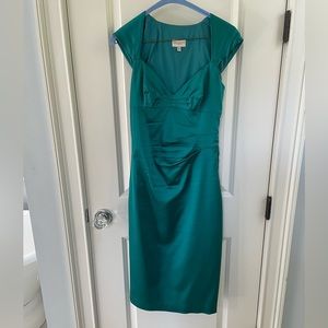 Karen Millen midi teal satin dress, UK 10, US 6, $45